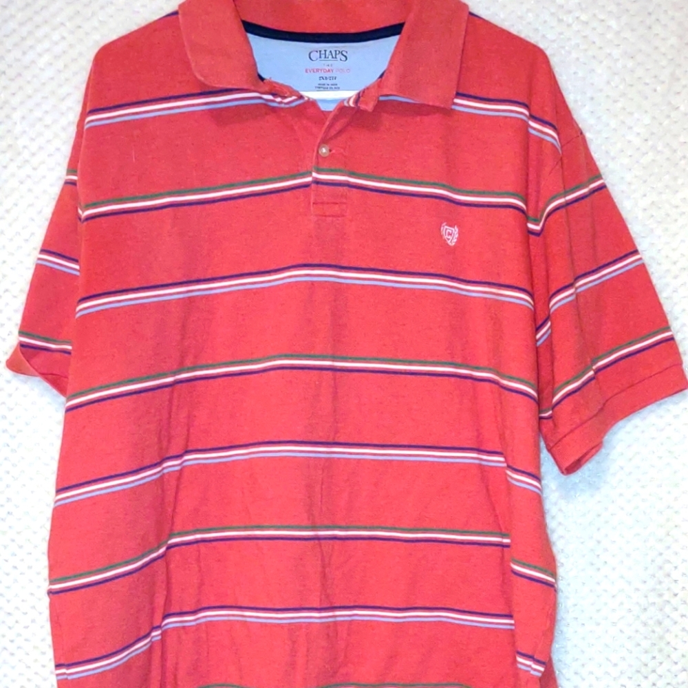 Chaps Everyday Polo Shirt Mens Size 2XB Red Striped Button Up Collared Casual